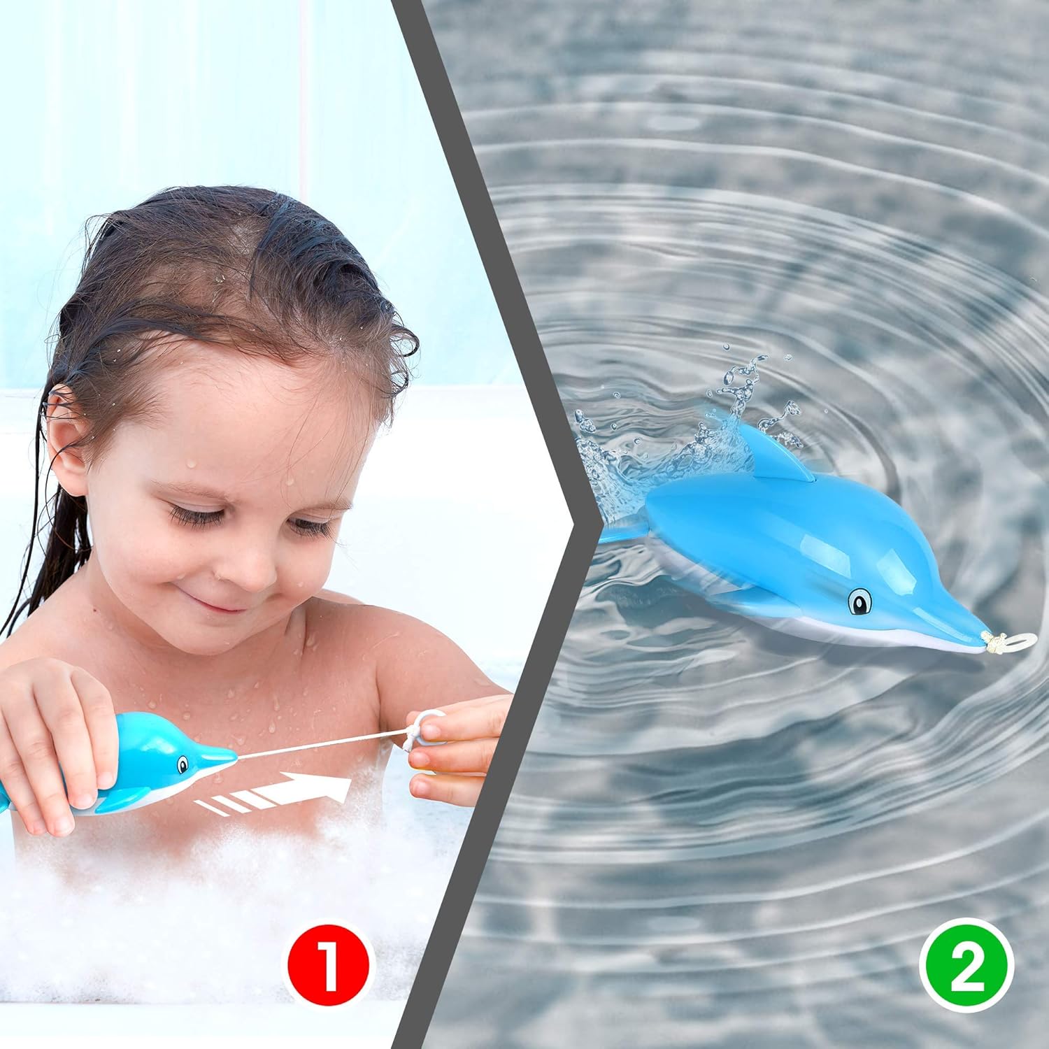 Pullback String Dolphin Bath Tub Toys for Kids, Set of 4, Swimming Dolphin Water Toys for Bathtub, Pool, and Lake Fun, Adorable Aquarium Birthday Party Favors for Boys and Girls