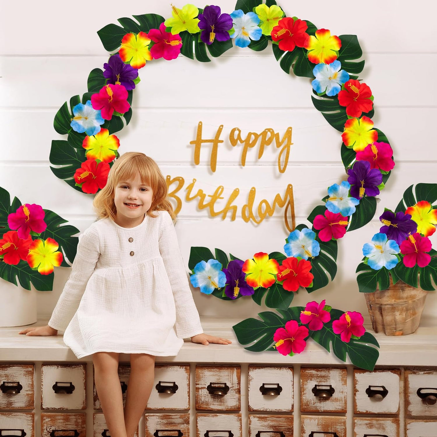 ArtCreativity Hawaiian Flower Luau Decorations - 60-PC Set with 36 Palm Leaves and 24 Artificial Hibiscus Flowers - Tropical Party Decor and Accessories for Birthday Party - Flower Decorations