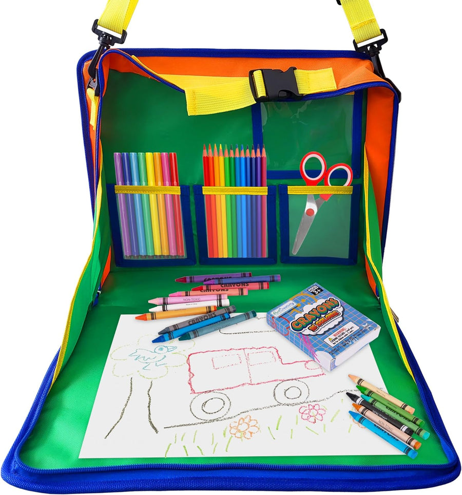 ArtCreativity Kids Travel Tray with Crayons and Paper - Adjustable Car Seat Table Tray with 16 Crayons, 20 Paper Sheets, and 5 Clear Pockets for Storage - Road Trip Travel Tray for Kids