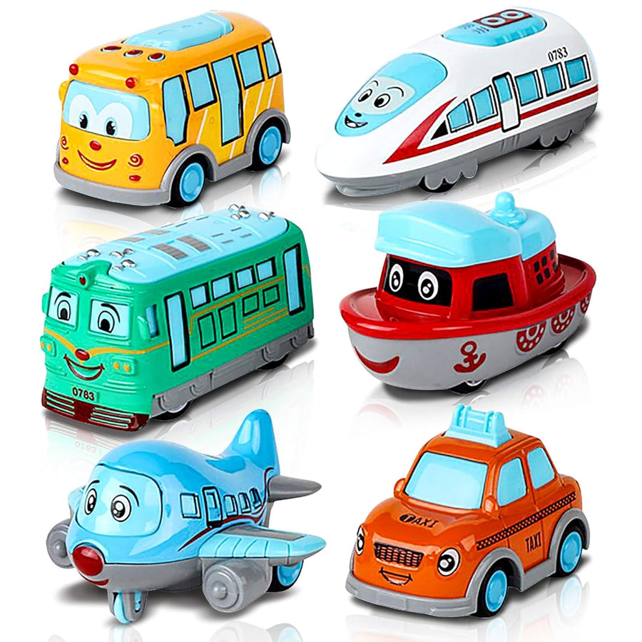 ArtCreativity Metal Cartoon Car Set - Set of 6 Mini Pullback Toy Cars - Pullback Train, Bus, Taxi, Tram, Plane and Ship - Party Favors, Best Birthday Gift for Boys, Girls, Toddlers