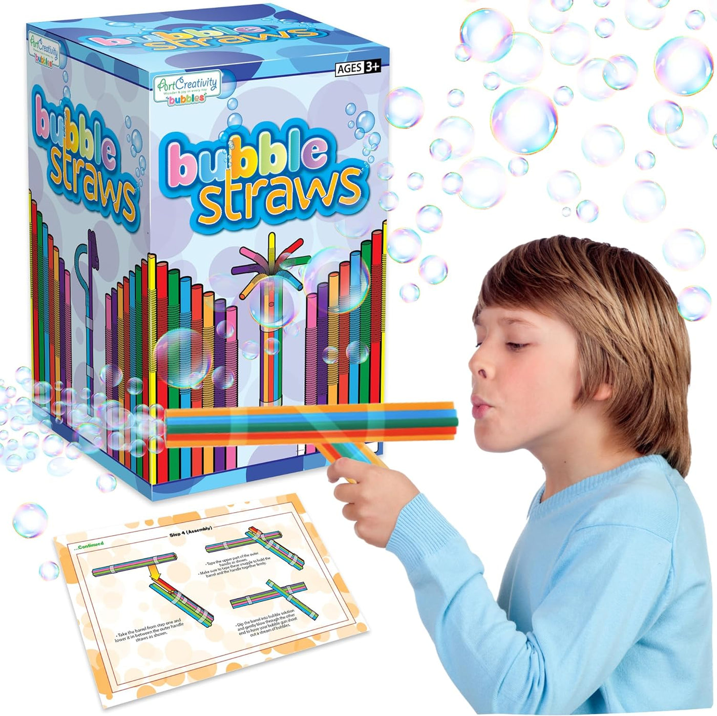 Bubble Straws by ArtCreativity - DIY Bubble Wand Craft for Kids - Set of 300 Straws, Bubble Solution and How-to Guide - - Bubble Wand Craft for Toddlers in 6 Colors - Bubble Blower Craft Ages 4-10