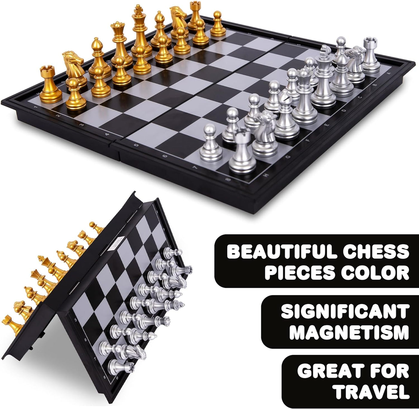 Gamie 3 in 1 Magnetic Travel Chess Set - Portable Chess, Checkers, Backgammon Set - 9 Inch Magnetic Chess Board for Road Trips - Travel Games for Kids and Adults - Gift Idea for Ages 3 and Up