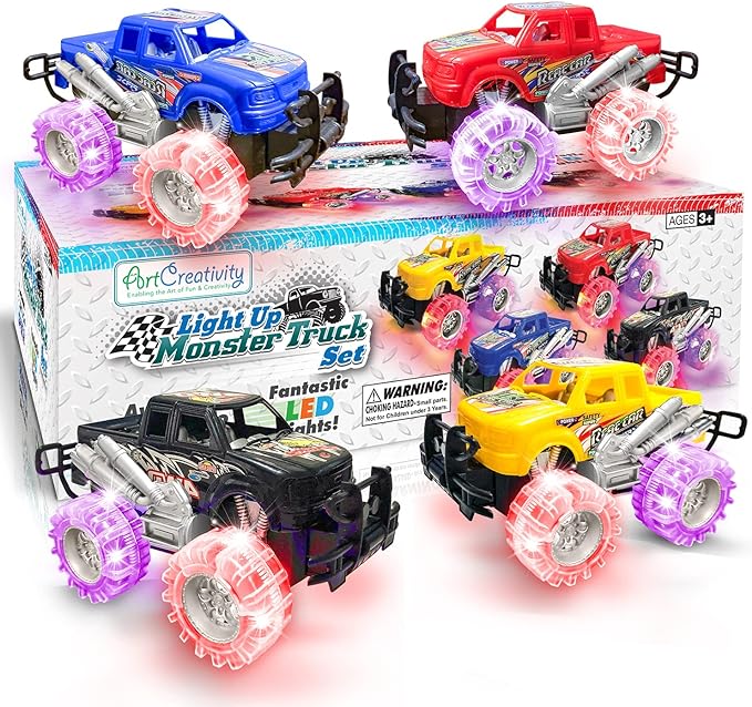 ArtCreativity Light Up Monster Trucks for Boys and Girls, 4-Pack Toy Truck Set, Monster Trucks for Boys 3 4 5 6 7 8 Years Old, Toddler Monster Truck Toys, Light Up Trucks