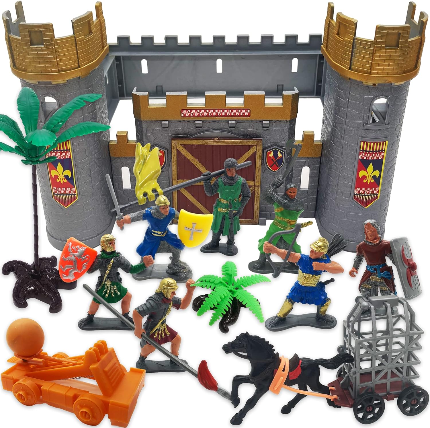 ArtCreativity Medieval Castle Knights Playset for Kids, 27-Piece Deluxe Action Figure Play Set with Storage Bucket, Assembly Castle, 6 Knight Action Figures, Horse Drawn Carriage, Catapult, and More