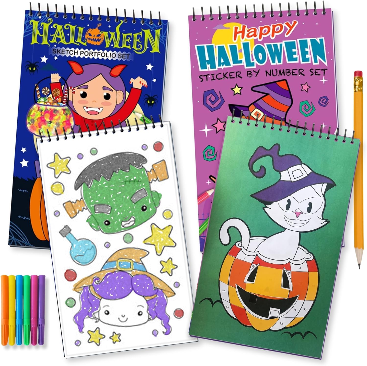 ArtCreativity Halloween Sticker Art Books, Sticker by Number Book with Halloween Sticker Art and Coloring Pages, and Coloring Book with Halloween Stickers, Stencil, and Markers, for Kids Ages 4-8