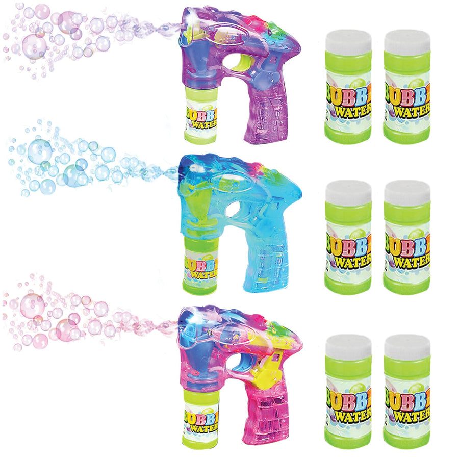 3 LED Light Up Bubble Guns, with Sound, Includes 6 Bottles of Bubble Solution Refill