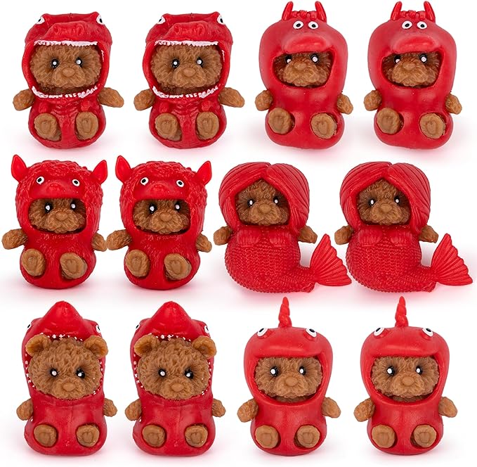Mochi Squishy Toys in Animal Suits - Set of 12 Mini Bear Squishies - Mini Teddy Bear with Removable Rubber Suits - Bulk Stress Toys for Kids - Cute Valentines Day Sensory Gifts for Toddlers