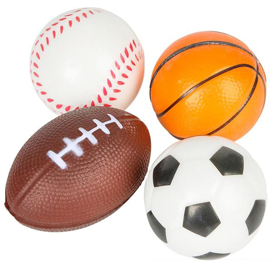 Sports Stress Foam Balls for Kids 2.5" - Set of 4 - Includes Basketball, Football, Baseball, and Soccer