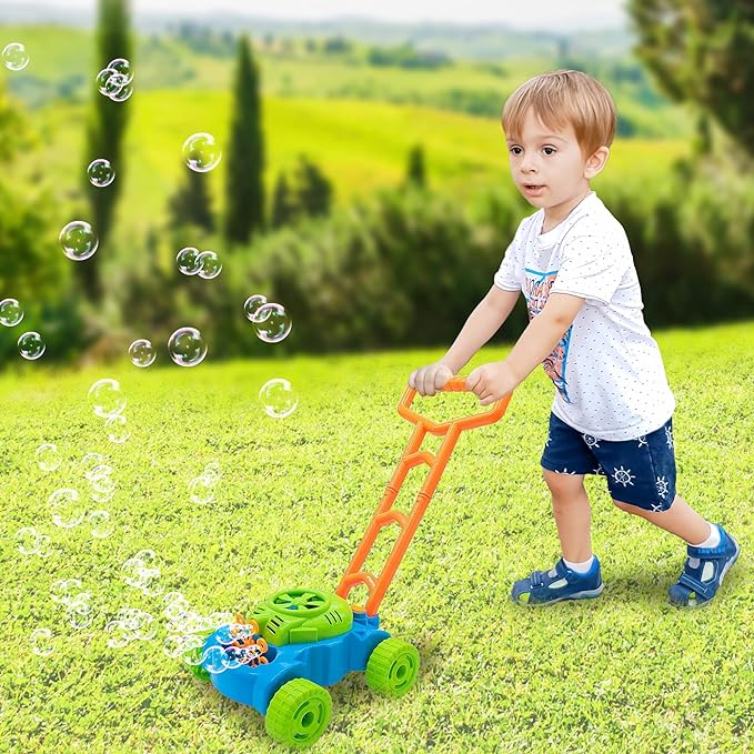 Bubble Lawn Mower for Toddlers, Blue and Green