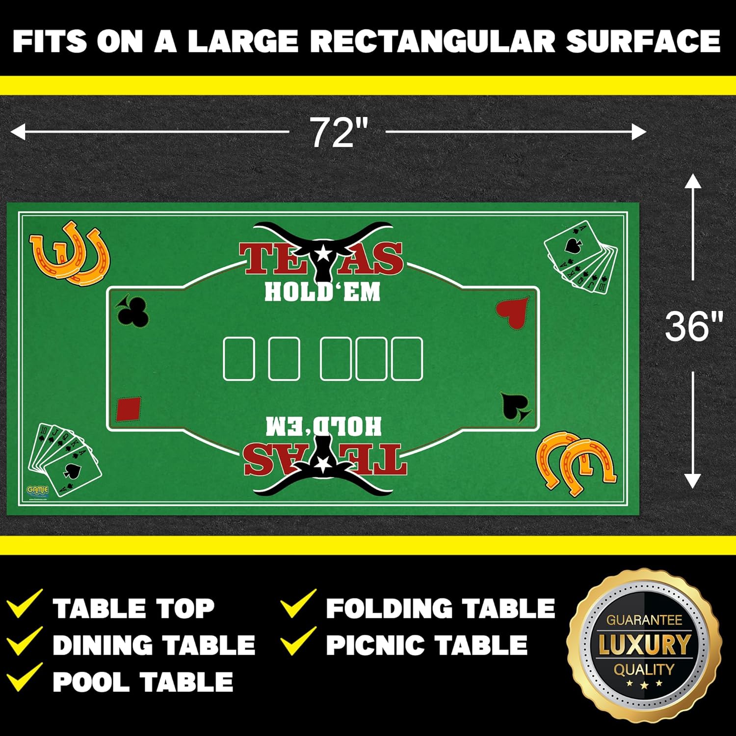 Gamie Double Sided Felt Casino Mat, 36” x 72” for Blackjack & Texas Hold’em Poker, 2-in-1 Texas Holdem Poker Mat & Blackjack Mat, Professional Grade Felt Poker Tabletop Mat with Instructions Booklet