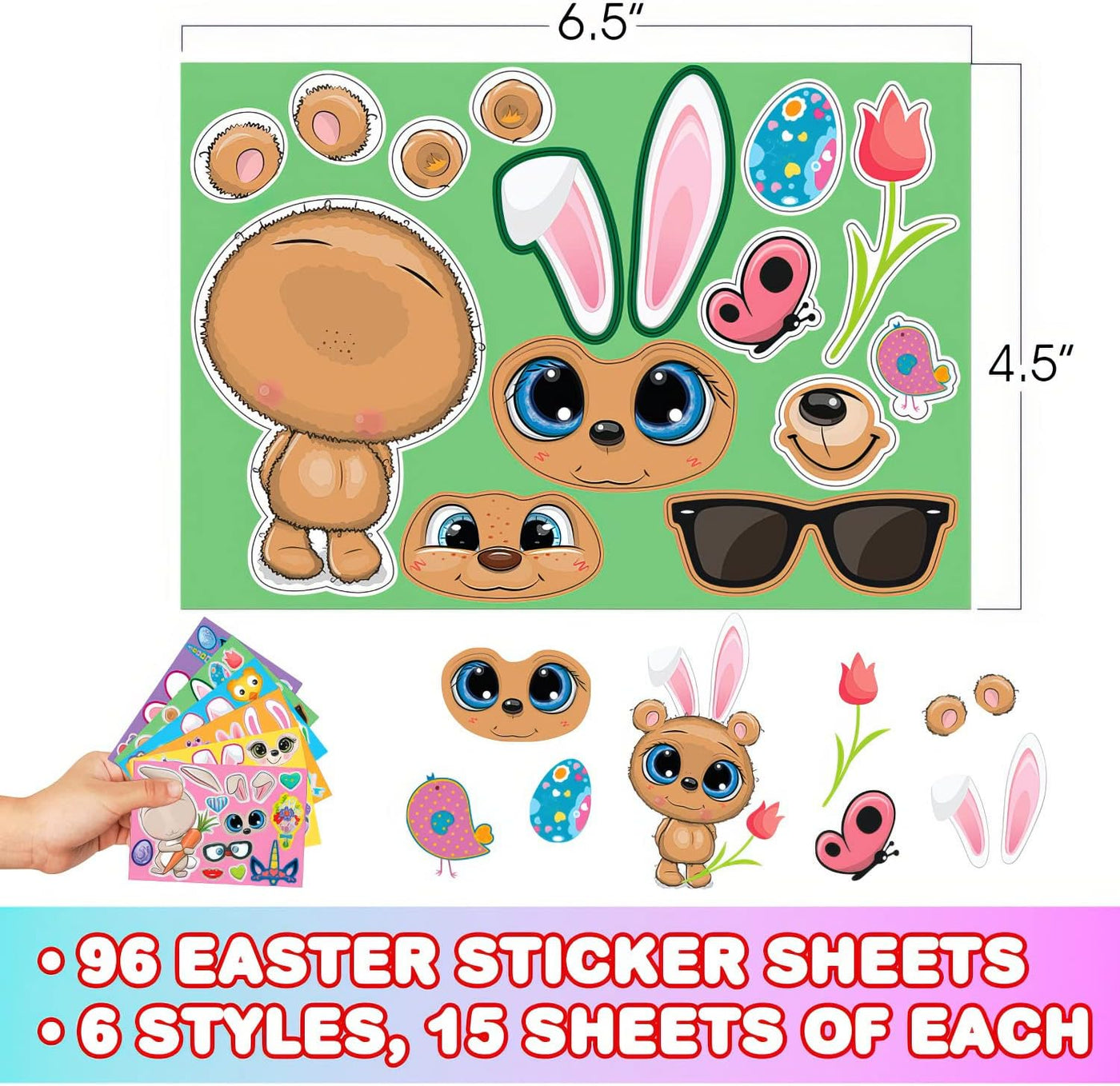 Artcreativity Easter Make Your Own Stickers, Bulk Easter Stickers for Kids (96 Sticker Sheets) with 6 Designs, Easter Basket Stuffers, Easter Egg Stickers and Bunny Stickers, Easter Crafts for Kids