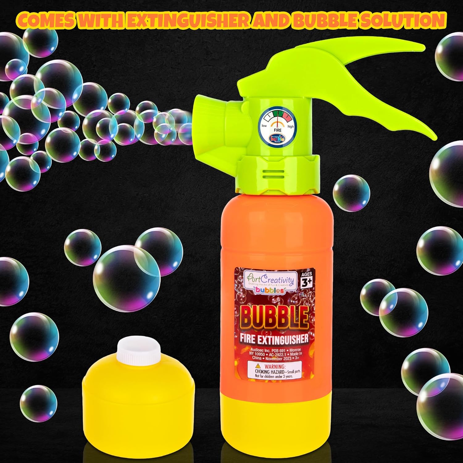 ArtCreativity Fire Extinguisher Bubble Machine for Kids - Bubble Blowing Firefighter Toy with Bubble Solution Included - Automatic Bubble Making Toy Fire Extinguisher - Fireman Props for Boys 3 4 5 6