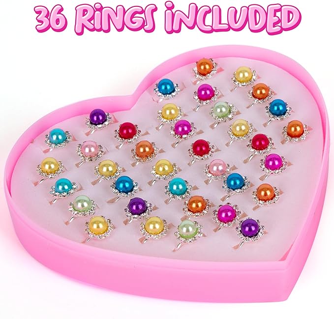 ArtCreativity Little Girls Ring Set - Set of 36 Rings for Girls - Multi-Colored Kids’ Rings in Heart Window Box - Little Girls Jewelry for Dress Up and Accessorizing - Adjustable Rings for Ages 4-10