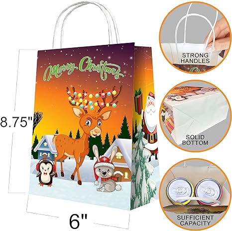 Christmas Gift Bags with Handles, 4 Designs, Set of 12, Xmas Gift Bags, Medium Size 8.75" x 6" Paper Bags with Sturdy Handles, Assorted Christmas Prints for Party Favors, Sweets, Candy, Gifts, Treats