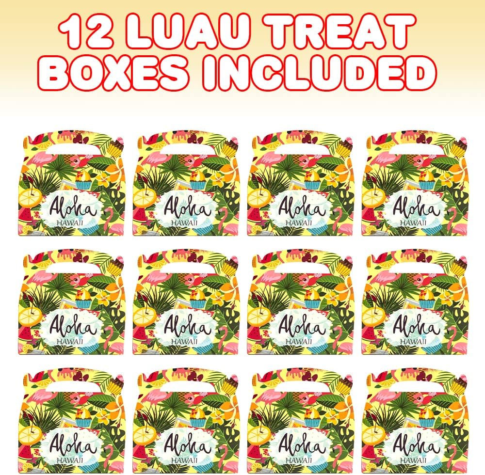 ArtCreativity Luau Treat Boxes for Candy, Cookies and Party Favors - Pack of 12 Cookie Boxes, Cute Cardboard Boxes with Handles for Birthday Party Favors, Holiday Goodies