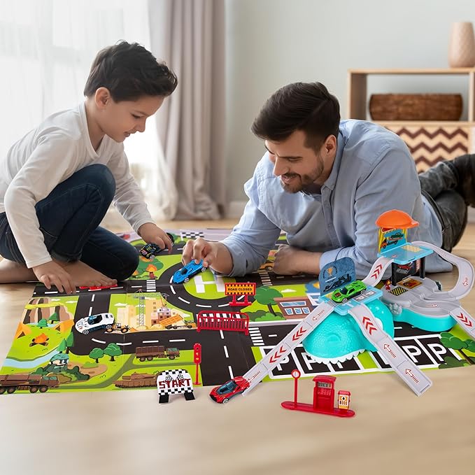 ArtCreativity Dinosaur Race Track Set - 59 Piece Race Car Track - Includes Portable Toy Car Storage Organizer, Kids’ Play Mat, 6 Diecast Metal Cars, Traffic Signs, and More - Car Gifts