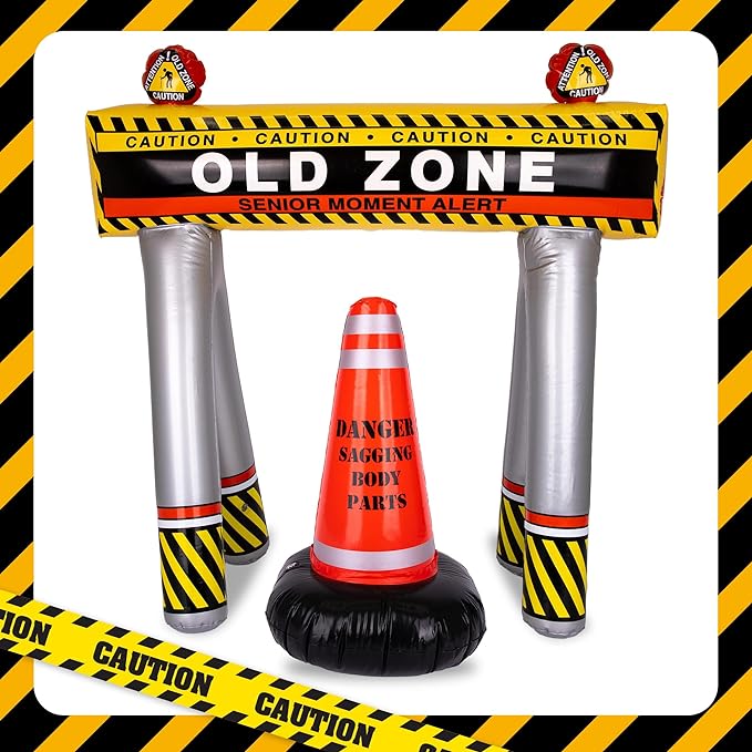 ArtCreativity Old Zone Inflatables Over The Hill Birthday Decorations, Set Includes Barricade & Construction Cone for Over The Hill Party Supplies, 100th Day of School Items and Costumes for Kids