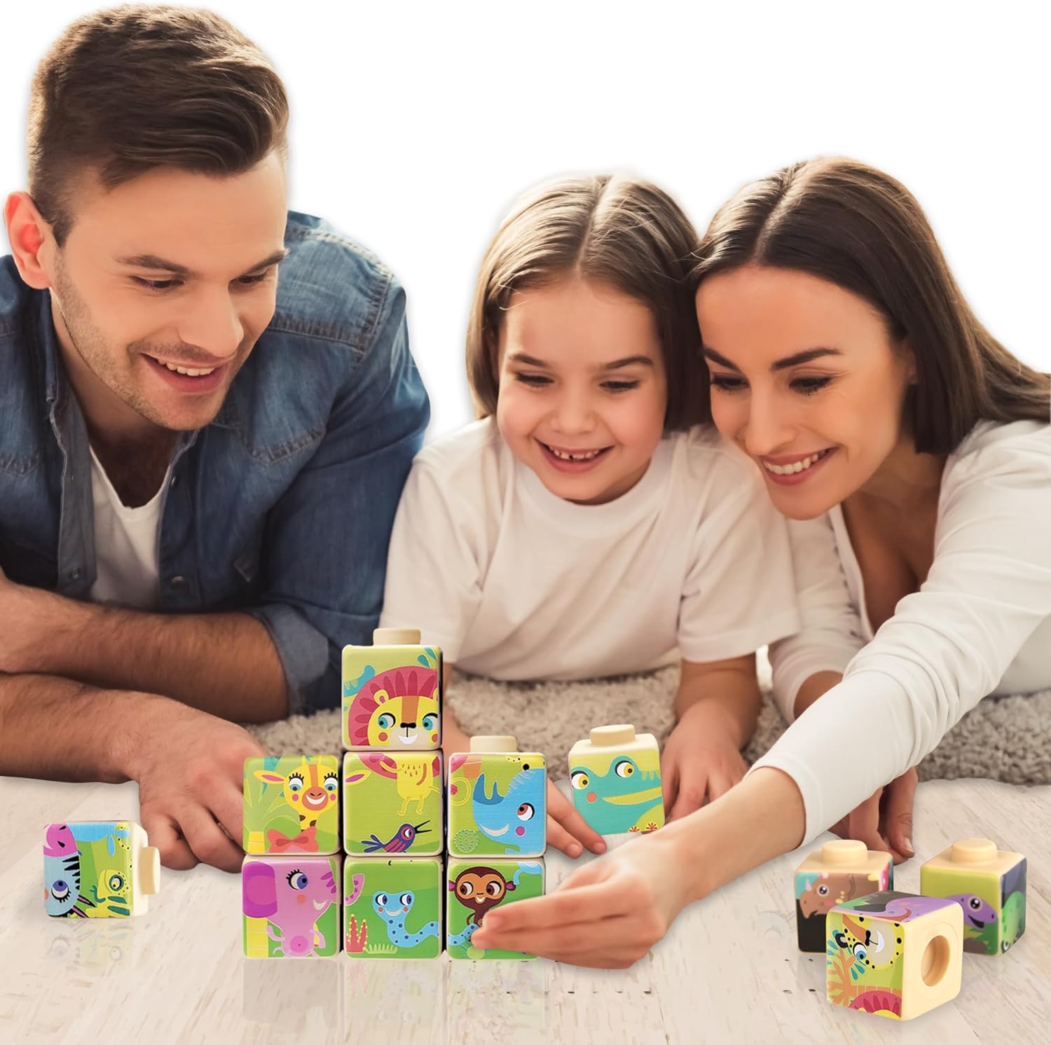 ArtCreativity Silicone Picture Puzzle Blocks for Kids, 12 Stacking Baby Blocks with Four Different Pictures Printed on The Sides, 2" Soft Toy Building Blocks for Toddlers