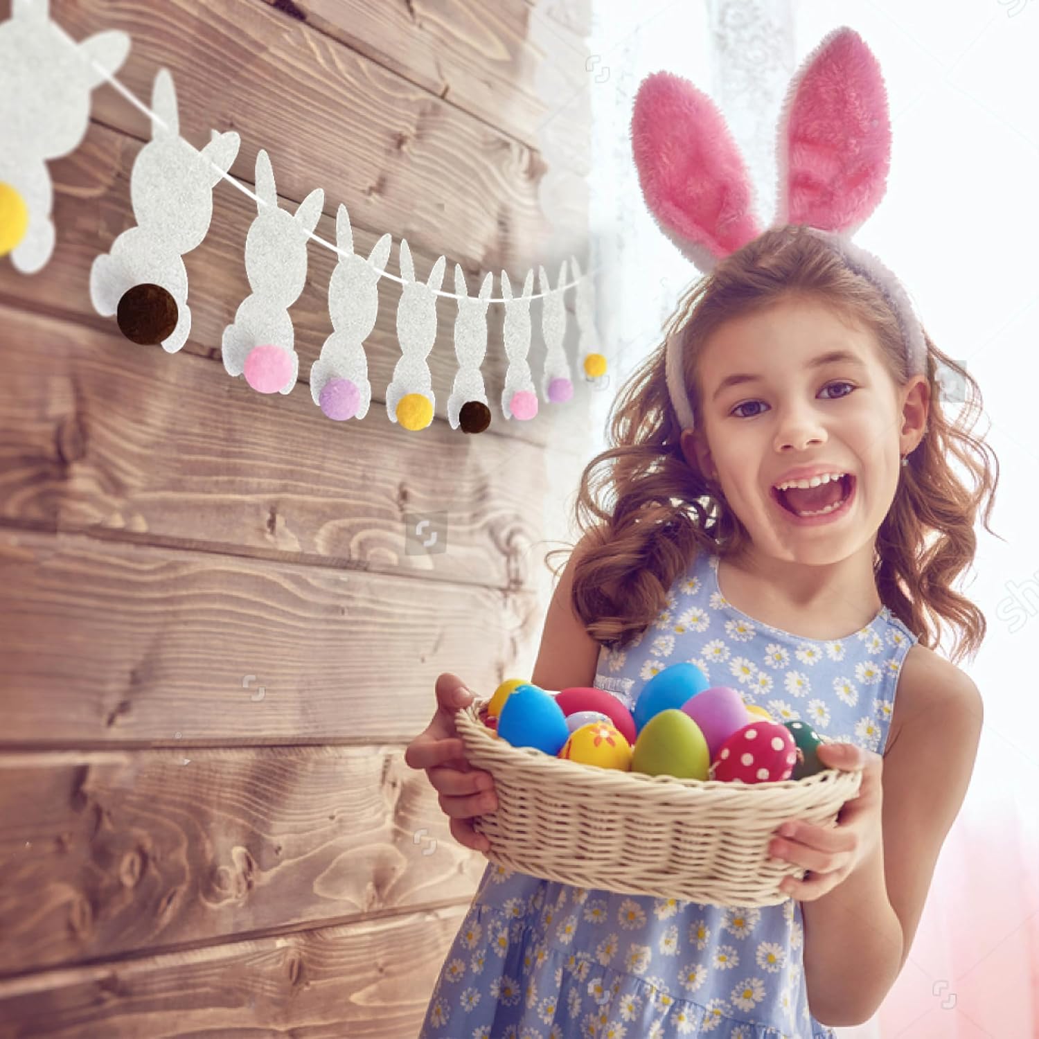 Easter Bunny Garland - Easter Decorations Set with 10 Felt Rabbits, 9 Feet of Ribbon, and Needle for Stringing - Easter Bunny Decorations for the Home - Cute Easter Décor