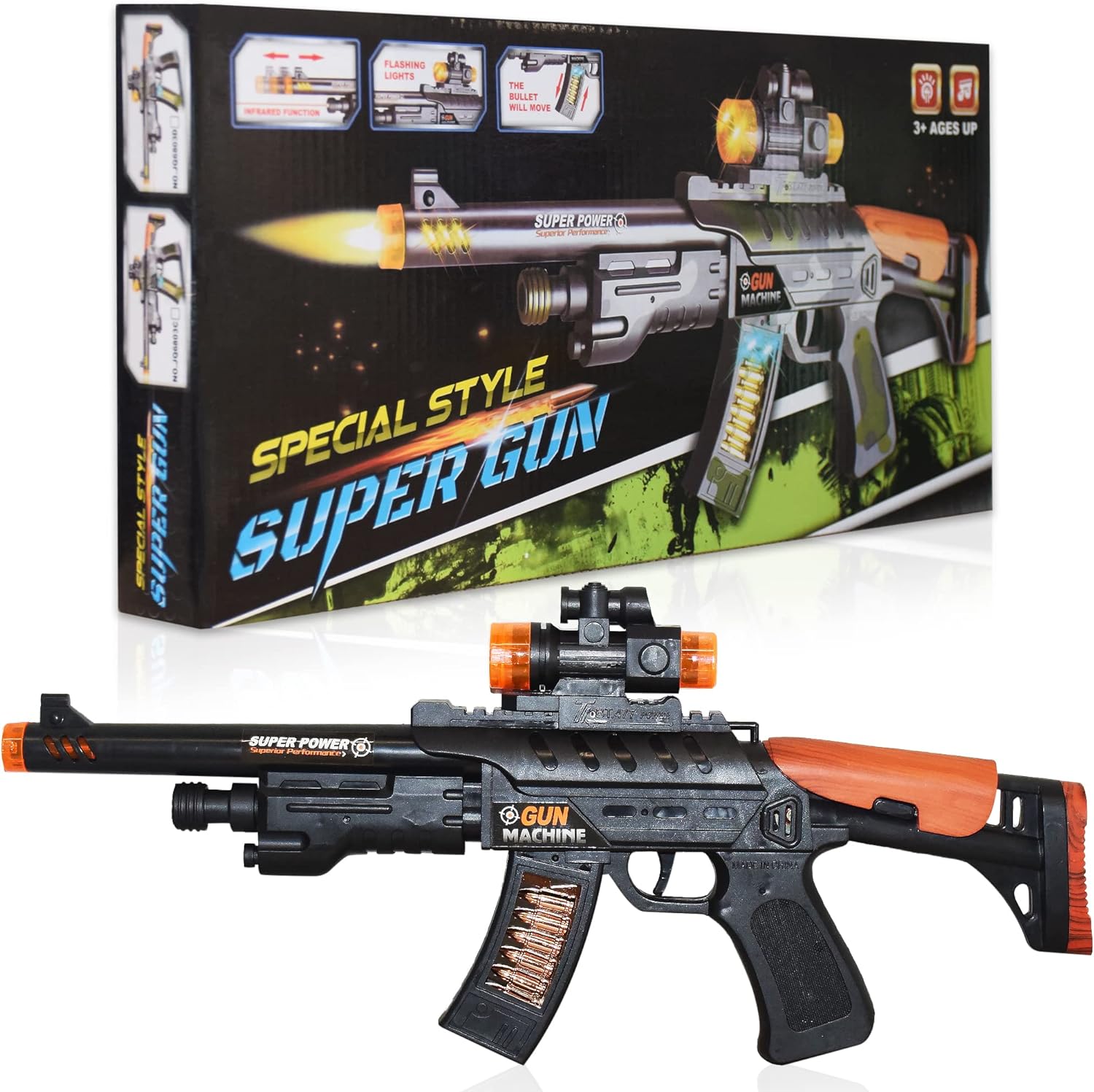 ArtCreativity Elite Ops Toy Gun for Kids - Machine Gun Toy for Boys with Moving Bullets, Flashing Lights, and Sounds Kids Guns - Battery Operated Toy Gun for Kids 8,9,10,11,12, in Colorful Gift Box
