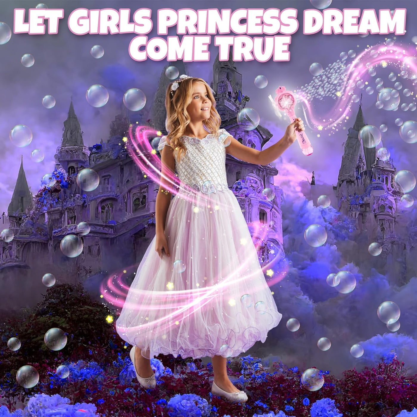 ArtCreativity Light Up Princess Magic Bubble Blower Wand with Detachable Windmill, Princess Wand for Girls with 2 Bottles of Bubble Solution, LED Effects, & Music, Fun Pretend Play Prop, Birthday Gift