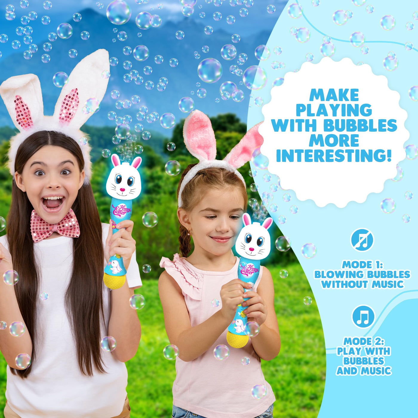 Easter Bunny Bubble Wand, Easter Basket Stuffers for Toddler, 14" Light Up Automatic Bubble Maker with LED & Music, Easter Bubbles for Kids, Easter Toys for Toddlers 1-3