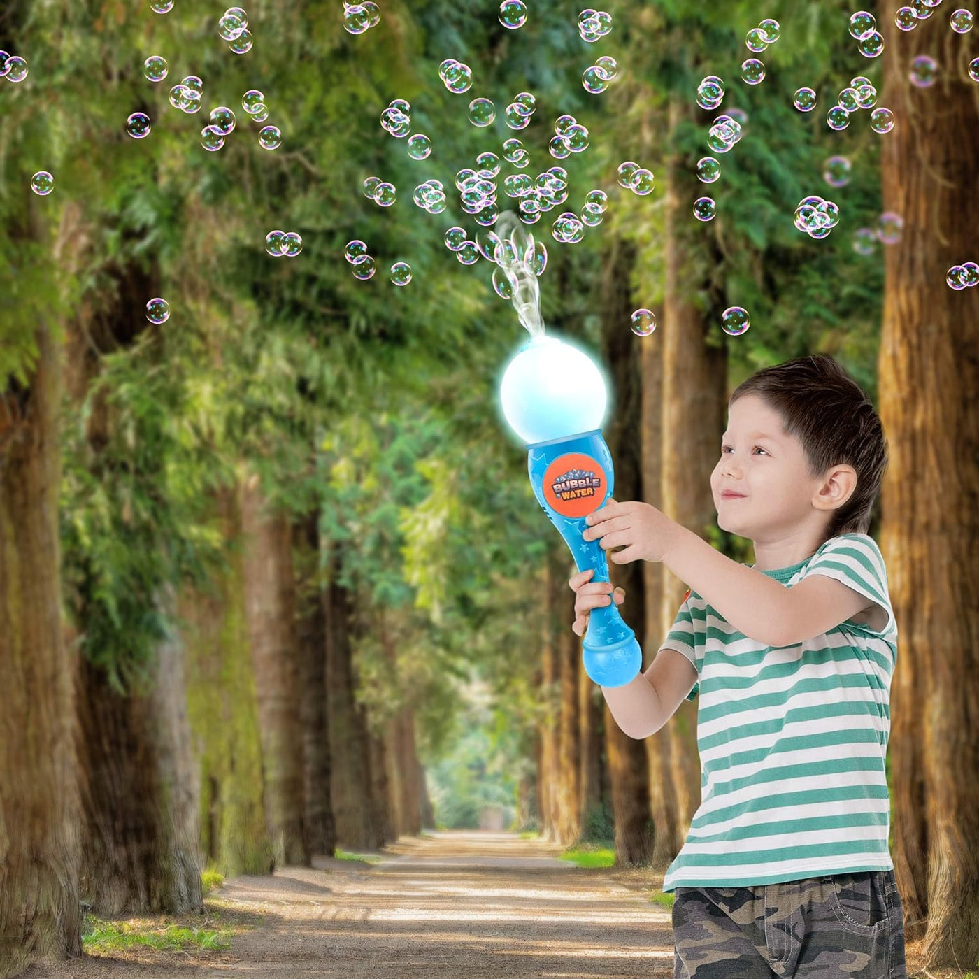 ArtCreativity Light Up Bubble Blower Wand, 13.5 Inch Illuminating Bubble Blower Wand with Thrilling LED & Sound Effect for Kids, Bubble Fluid & Batteries Included, Great Gift Idea, Party Favor – Blue