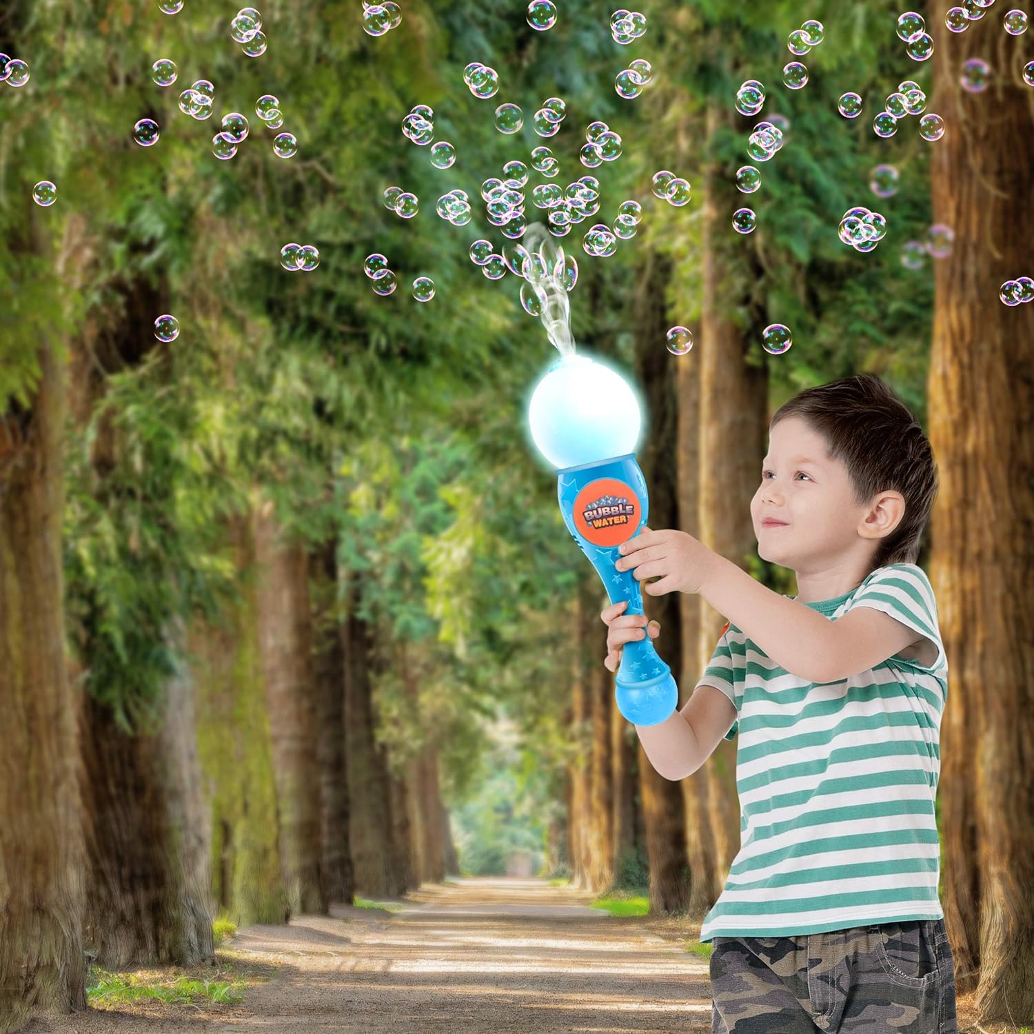 ArtCreativity Light Up Bubble Blower Wand, 13.5 Inch Illuminating Bubble Blower Wand with Thrilling LED & Sound Effect for Kids, Bubble Fluid & Batteries Included, Great Gift Idea, Party Favor – Blue