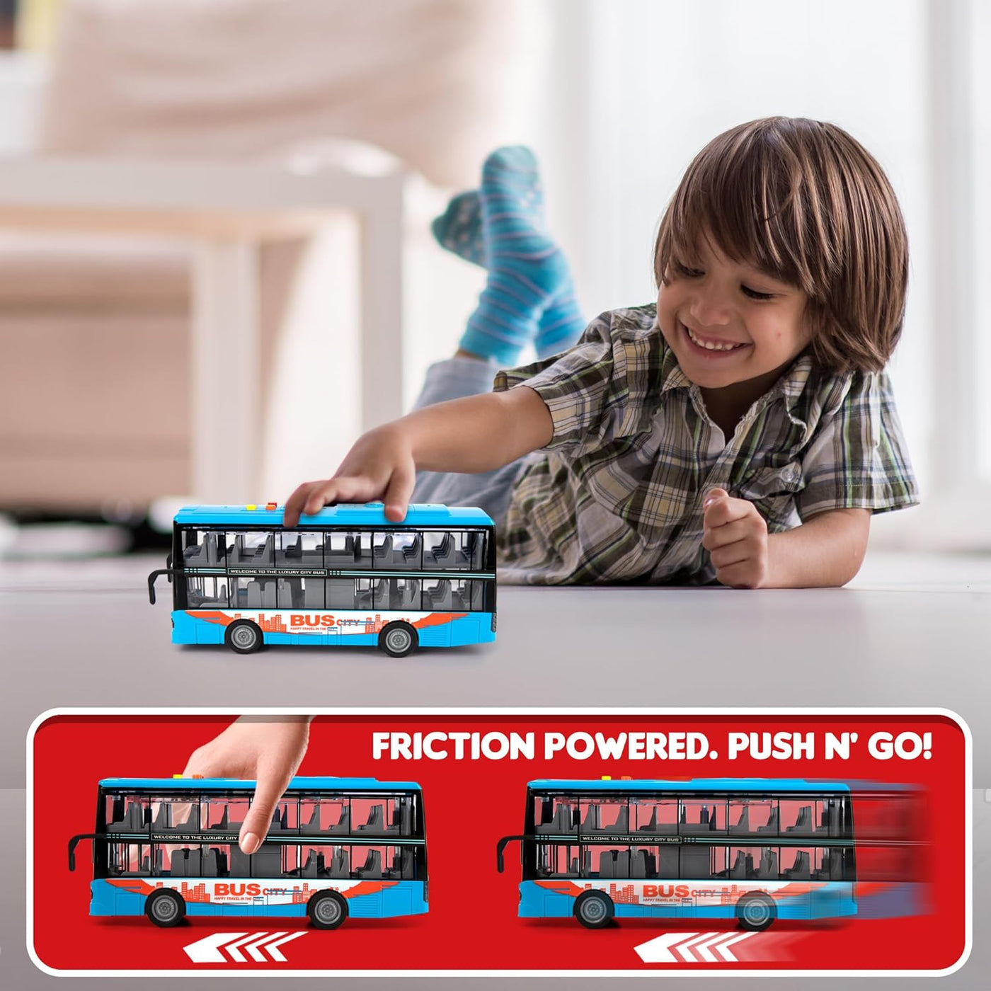 ArtCreativity Die Cast Double Decker Bus Toy with Lights & Sounds - Friction Powered Bus Toy for Kids with Indoor Ceiling Lights and 4 Different Sounds - Doors Open - Gift for Kids Ages 3-8