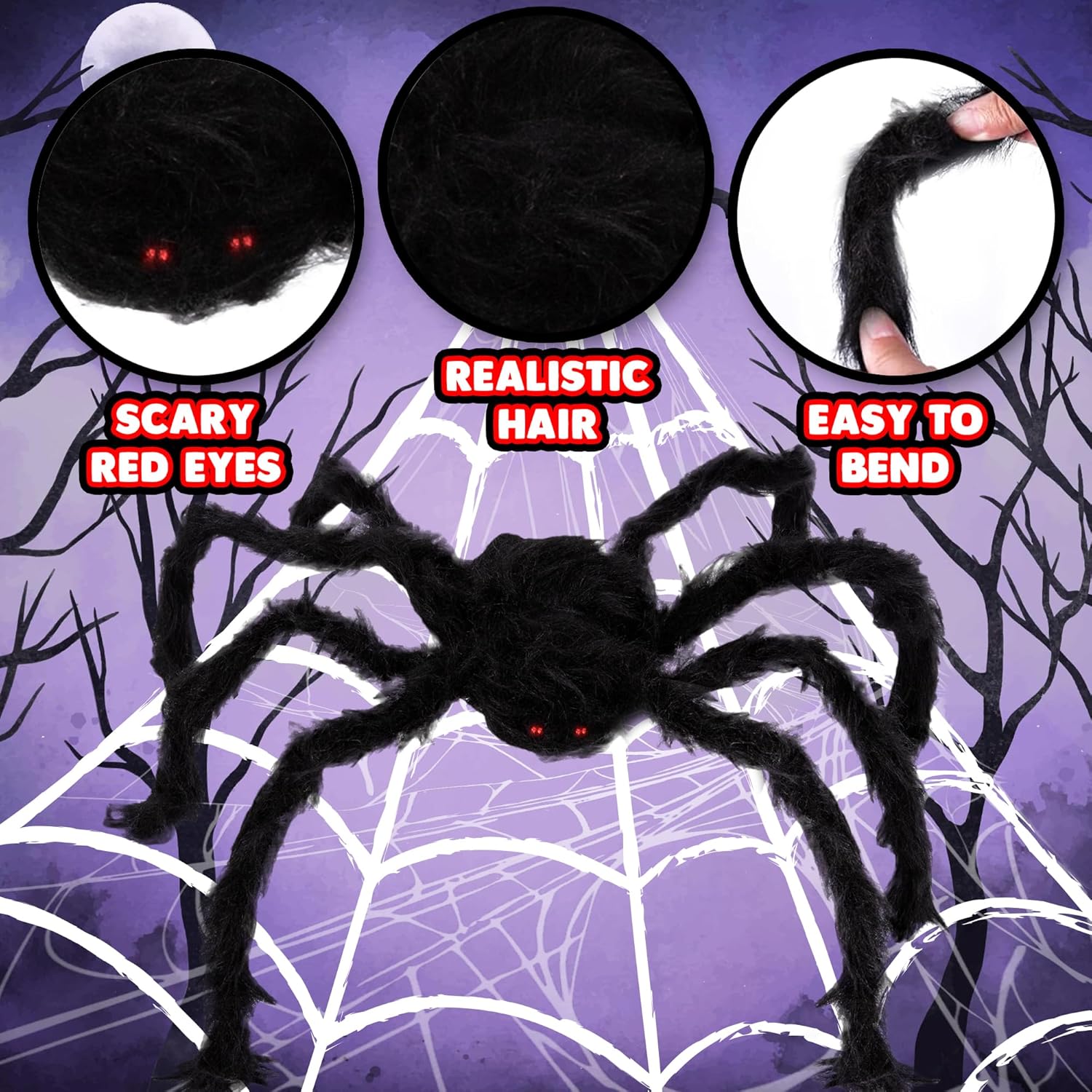 Giant Spider Halloween Decorations, Includes Two 24" Spiders and a 16.4' Spider Web, Outdoor Spider Web Decoration with 2 Giant Spiders, Outdoor Halloween Decorations for Haunted House