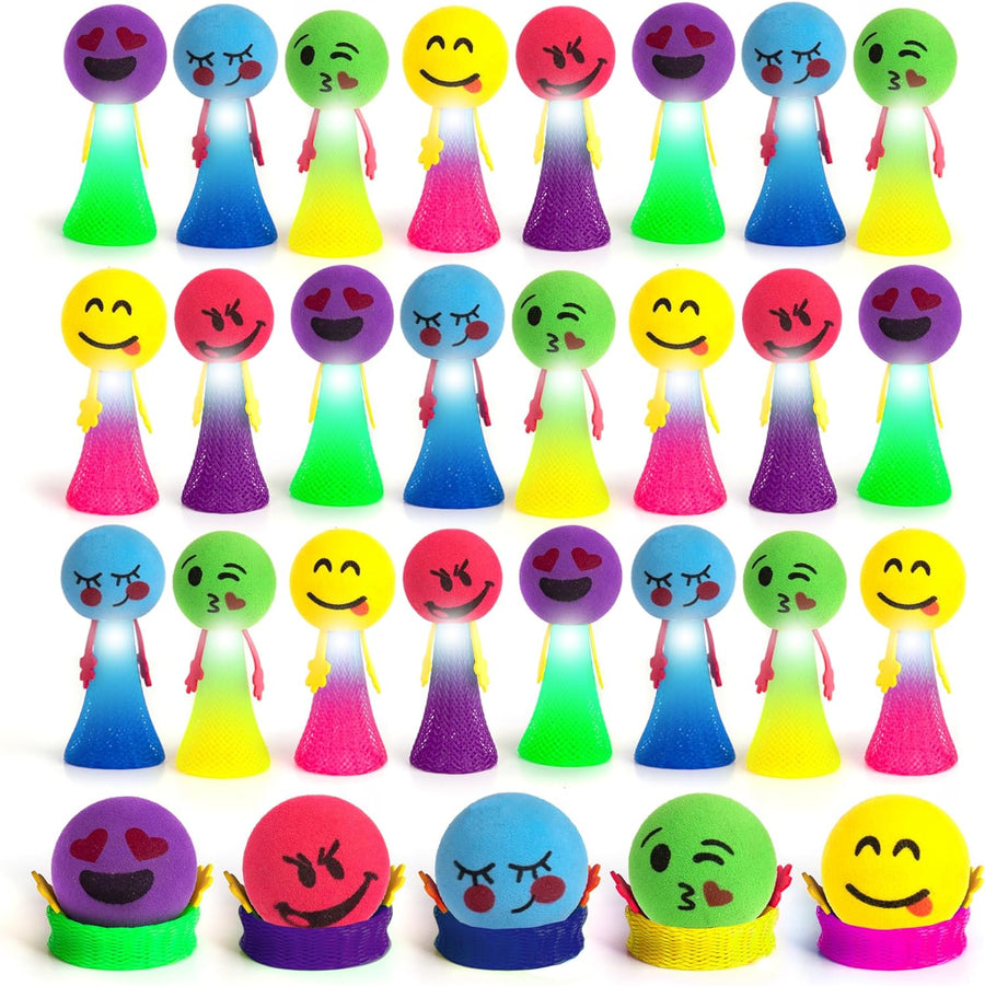 ArtCreativity Set of 24 Jumping Emoji Spring Launcher Toys, Light Up Bouncy Toy Party Poppers with Flashing LED Lights, Pop Up to 4 Feet High, Light Up Party Favors, Goodie Bag Fillers for Kids