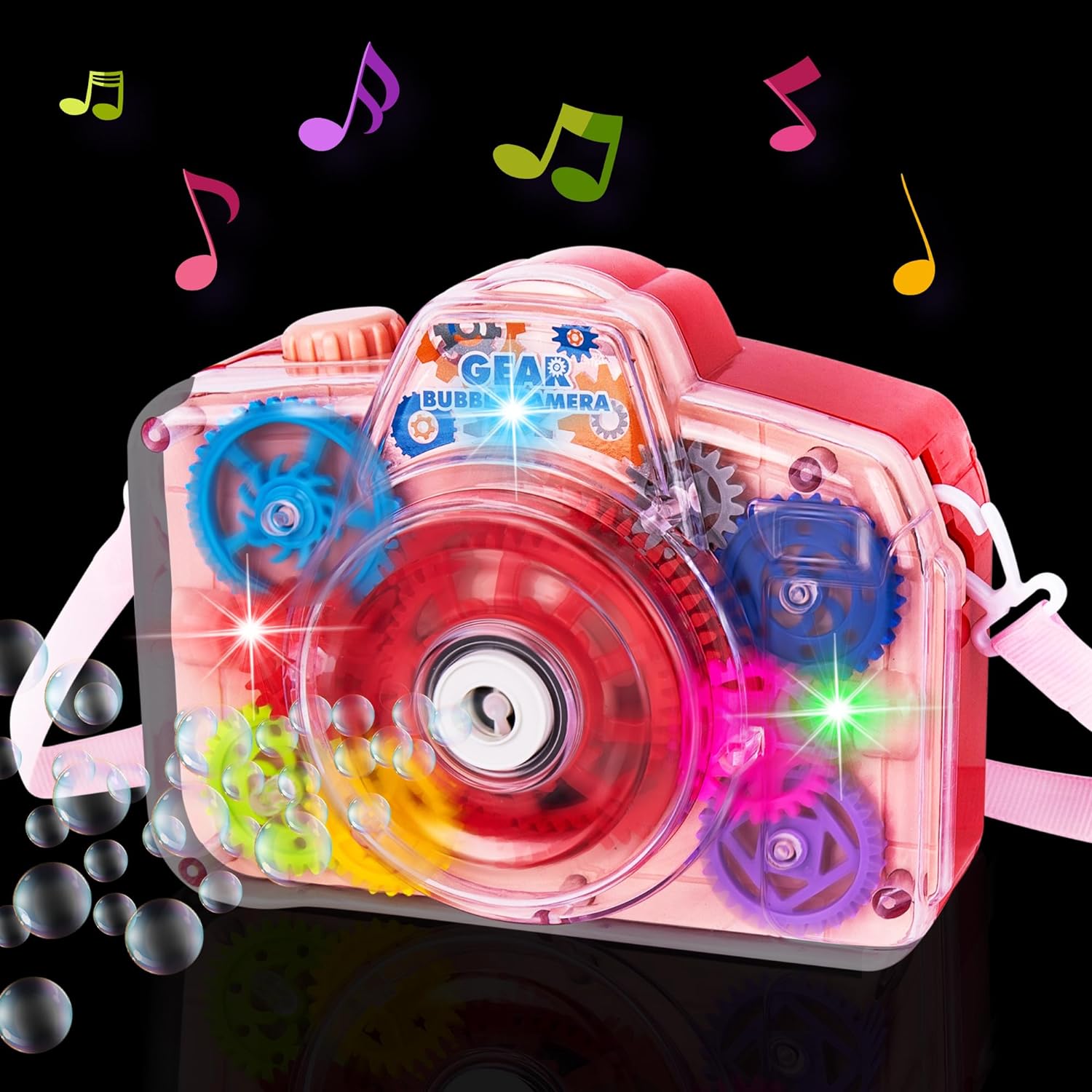 ArtCreativity Bubble Camera Gear Toy, Toy Camera Bubble Machine with 9 Moving Gears, Neck, and Bubble Solution - Small Bubble Machine with Music and Lights for Extra Fun, Cute Bubble Makers for Kids