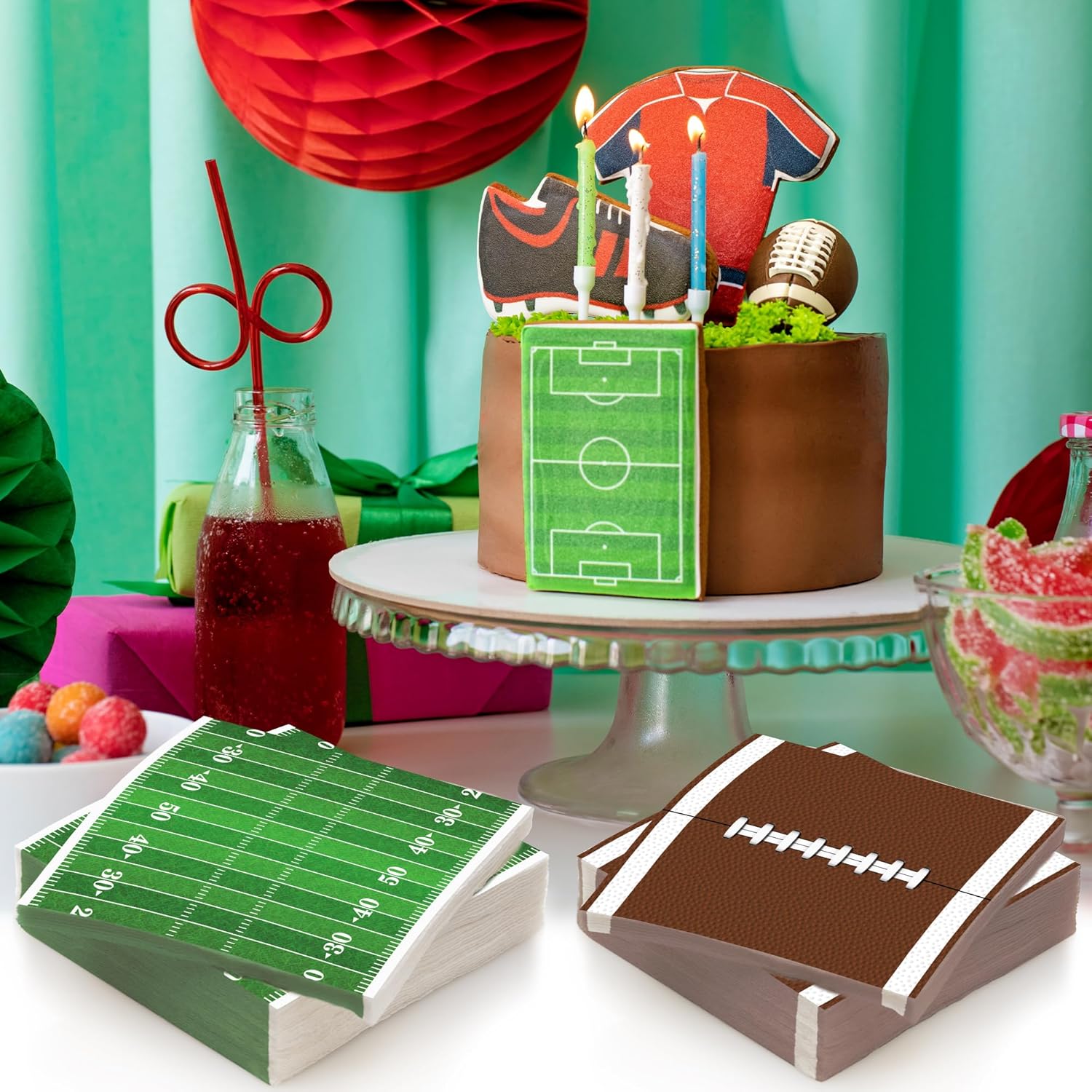 80 Pack Football Field Napkins - Set of 80 - Football Napkin Party Decor Supplies - Sports Football Napkins for Parties and Tailgates - Game Day Football Party Decorations (5" x 5")
