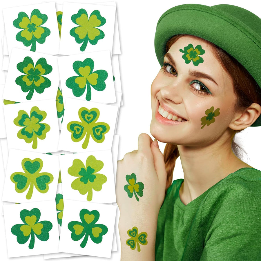 St Patrick’s Day Tattoos with Glitter - Set of 50 - Individual Shamrock Tattoos in 5 Designs - St. Patrick’s Day Party Favors - Glitter Saint Pattys Tattoos - St Patty’s Accessories