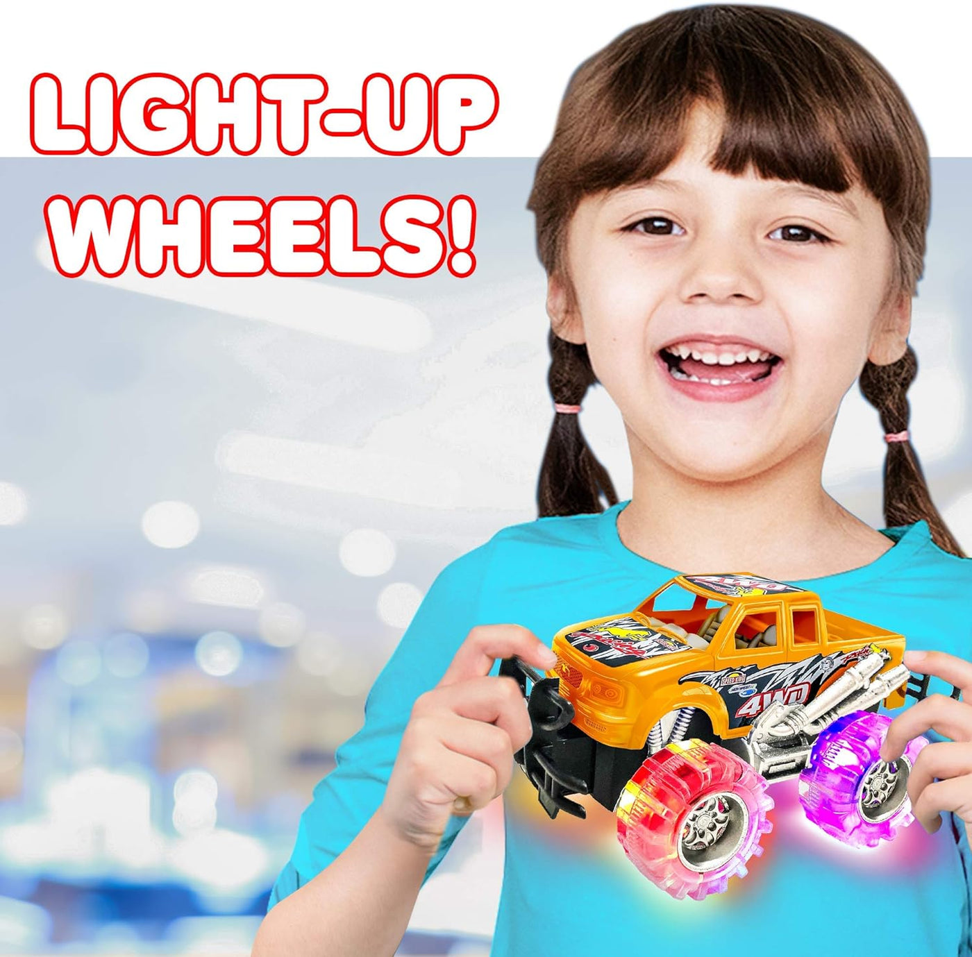 ArtCreativity Orange and White Light Up Monster Truck Set for Boys and Girls, Set Includes 2, 6 Inch Monster Trucks with Beautiful Flashing LED Tires, Push n Go Toy Cars, Best Gift for Kids Ages 3+