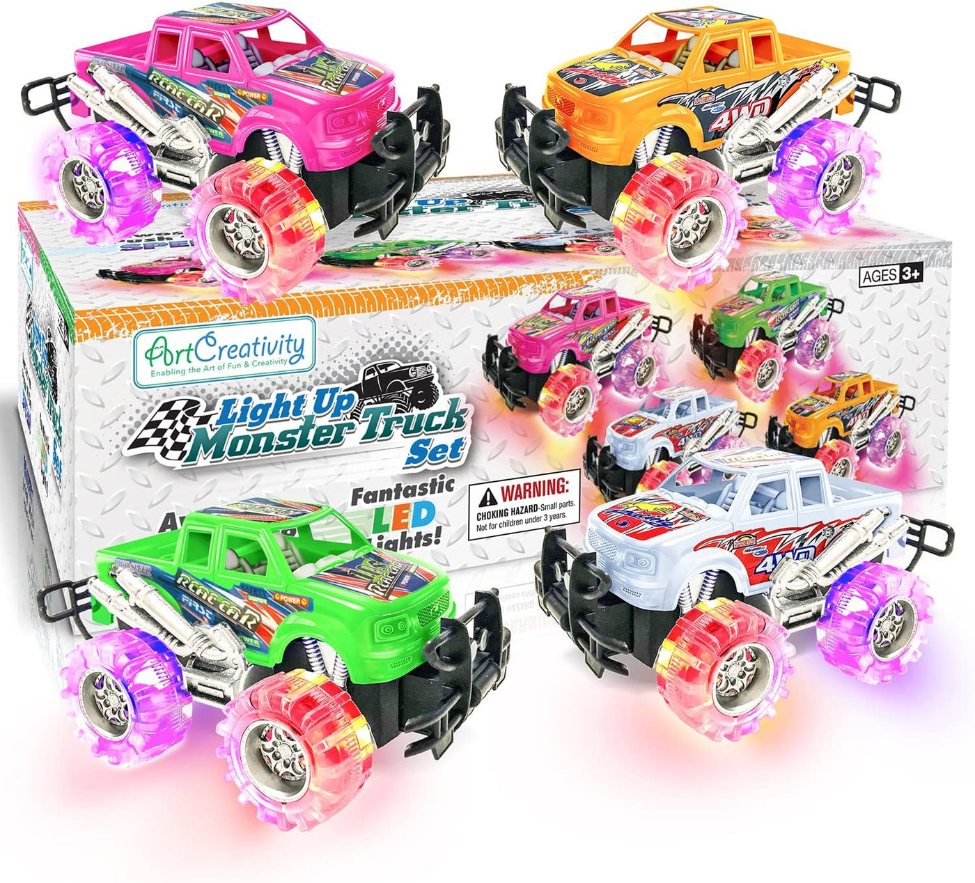 ArtCreativity Light Up Monster Trucks for Boys,- 6 Inch Toy Cars for 2 Year Old Boys,- Push n Go Car Toys for Boys 3-5 Years Old,- Light Up Toys for Kids, Best Gift for Kids Age 3-6 Years Old & Up