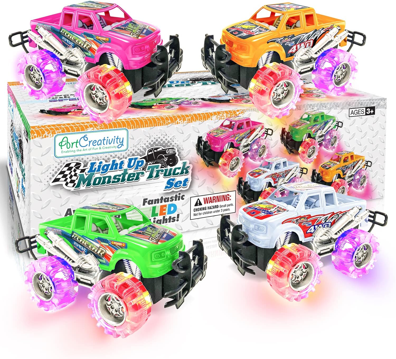 ArtCreativity Light Up Monster Trucks for Boys,- 6 Inch Toy Cars for 2 Year Old Boys,- Push n Go Car Toys for Boys 3-5 Years Old,- Light Up Toys for Kids, Best Gift for Kids Age 3-6 Years Old & Up