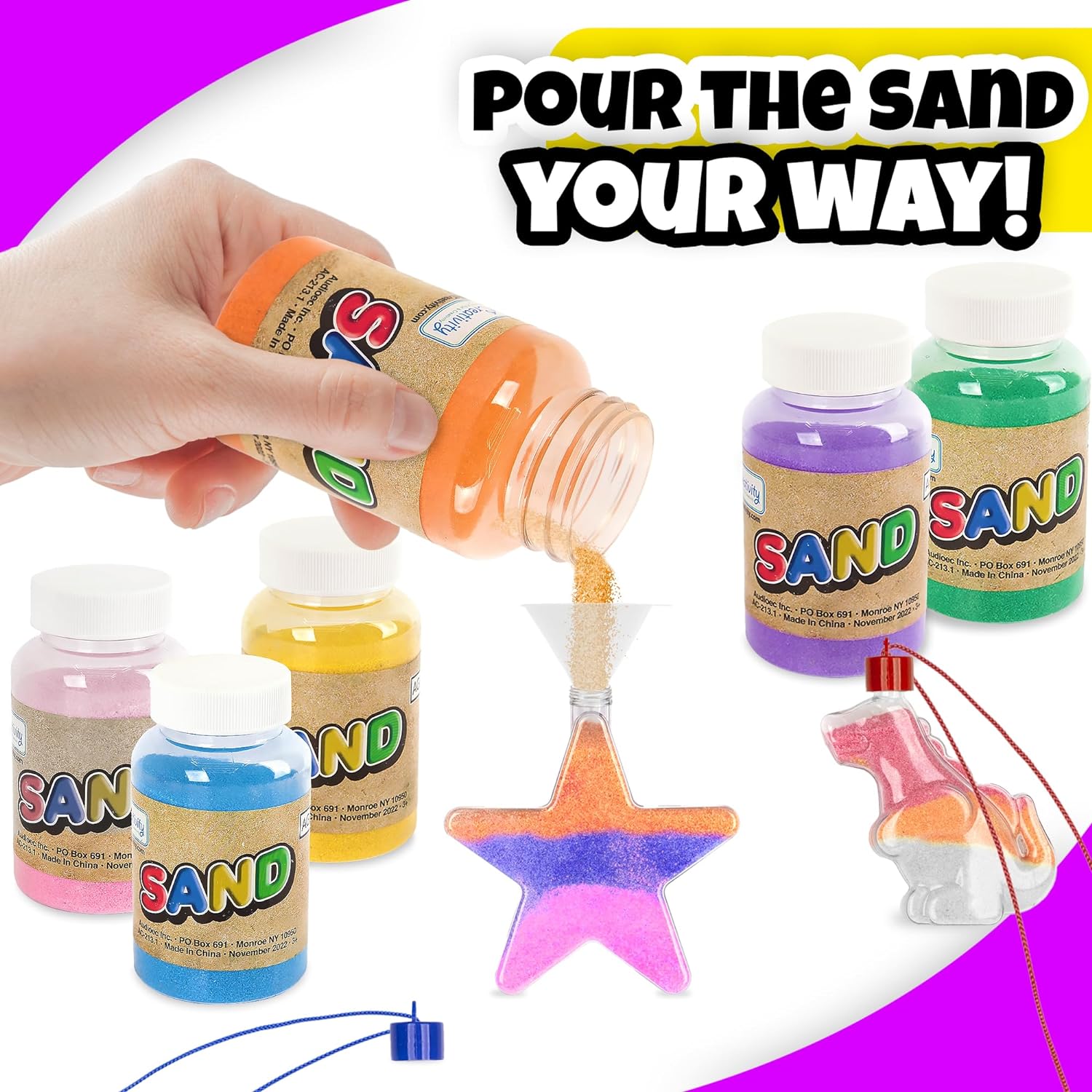 ArtCreativity Colored Sand Art Kits for Kids 40-Pack, Play Sand Set, 10 Assorted Colors, 8 oz. Each, 24 Sand Art Bottle Necklaces, and 6 Funnels Bulk Sand Art Project, Kids Party Crafts for Boys Girls