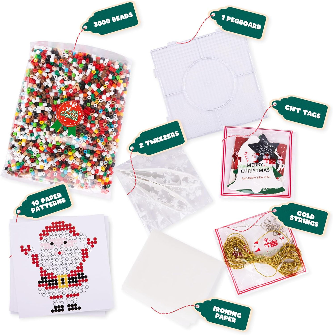Christmas Fuse Beads Kit - Christmas Beads for Crafts with 3000 Fuse Beads (Bulk), 10 Patterns, 1 Pegboard, Tweezers, Ironing Paper, Gift Tags, and Gold Strings - Bead Art Christmas Craft for Kids