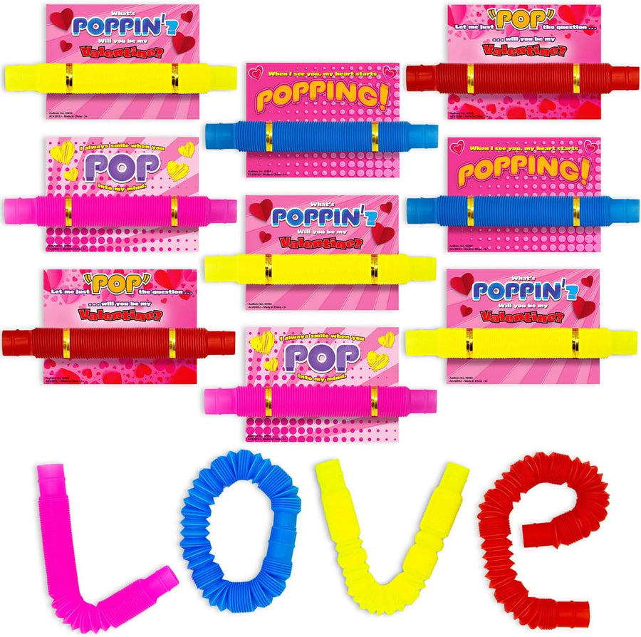 ArtCreativity Valentines Day Cards with Pop Tubes Gift Set, Includes 36 Valentines Day Cards, 36 Pop Tubes Sensory Toys, and 72 Twist Ties, Valentines Gifts and Goodie Bag Fillers for Kids