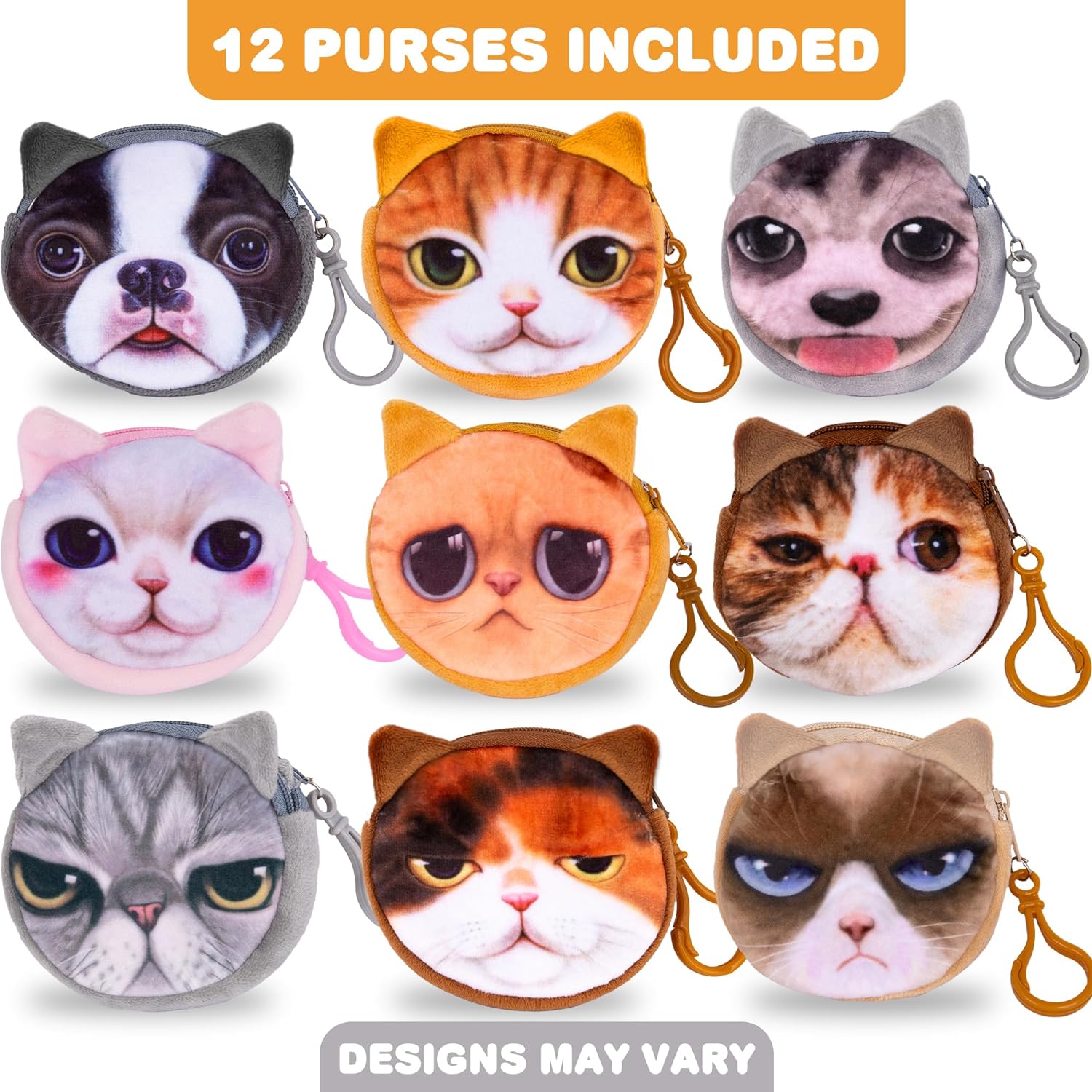 ArtCreativity Cat Coin Purse Set - Pack of 12 Mini Coin Purses - Cute Coin Purse for Girls with Adorable Animal Faces - Tiny Coin Purses for Cat Themed Party Favors - Kitty Birthday Party Supplies