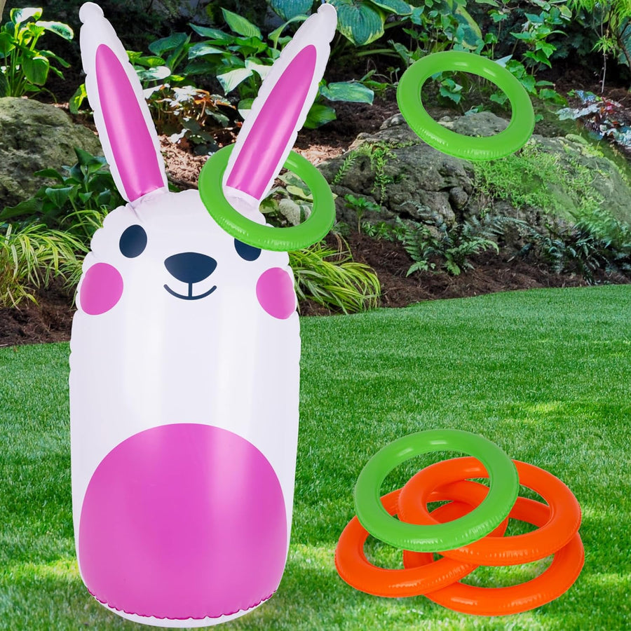 ArtCreativity Easter Bunny Inflatable Ring Toss Game - Easter Games for Kids with Inflatable Bunny and 6 Rings - Weighted Bottom to Keep The Inflatable Rabbit Upright - Outdoor Easter Family Games