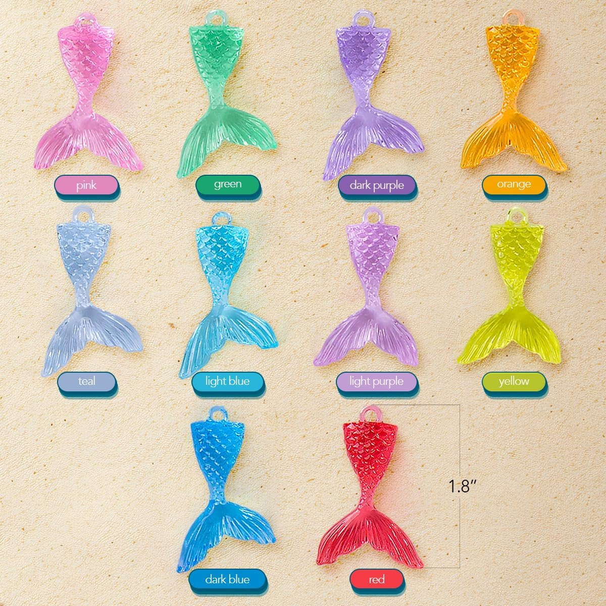 Acrylic Mermaid Tail Charms - Set of 24 - Mermaid Charms in 10 Assorted Colors - Mermaid Cake Topper Set with a Crystal Look - Mermaid Crafts for Necklaces, Earrings, and Keychains