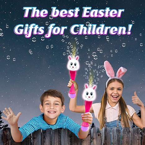Light Up Bunny Easter Bubble Wand, 14 Inch Illuminating Blower with Thrilling LED & Sound Effect, Bubbles for Kids Ages 3 4 5 6 Bubble Toys, Easter Basket Stuffers for Toddler