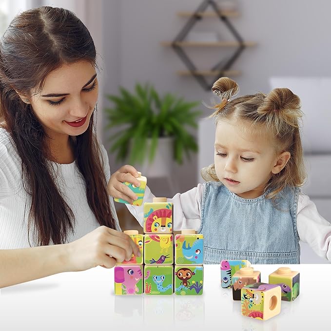 ArtCreativity Silicone Picture Puzzle Blocks for Kids, 12 Stacking Baby Blocks with Four Different Pictures Printed on The Sides, 2" Soft Toy Building Blocks for Toddlers