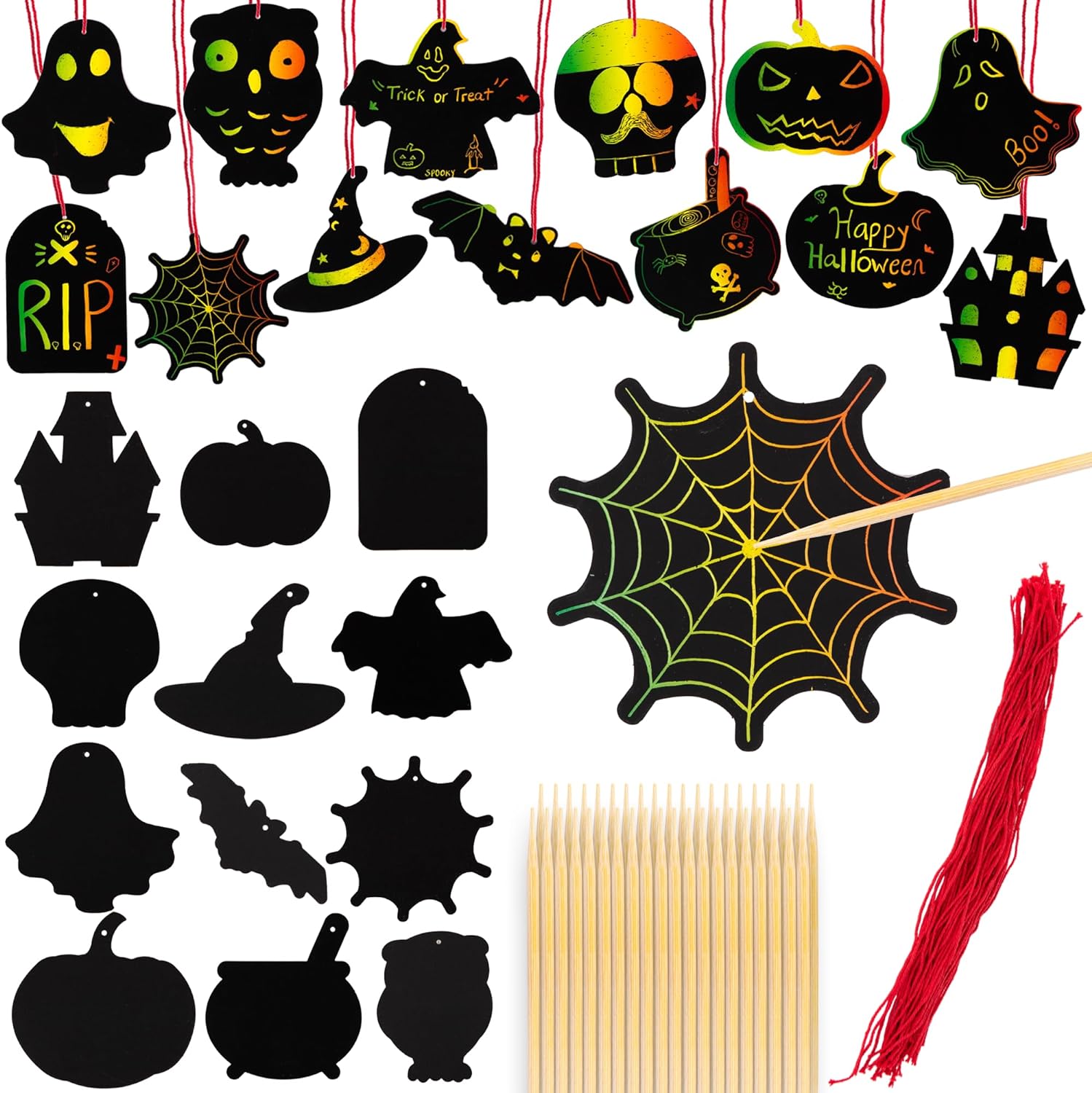 ArtCreativity Halloween Scratch Art for Kids - 60 Sets of Scratch Paper - Halloween Crafts (Bulk) with 60 Designs, 60 Sticks, & 60 Pieces of Red String - Scratch Art Party Favors for Kids Classroom