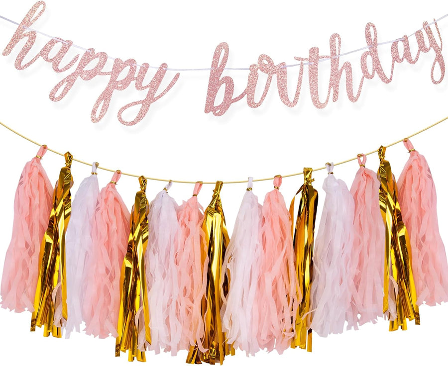 ArtCreativity Rose Gold Happy Birthday Banner - Rose Gold Birthday Decorations Kit with Banner, Foil Tassels, 15pcs Colorful Tissue Paper, and Hanging String - Rose Gold Birthday Decor for Party