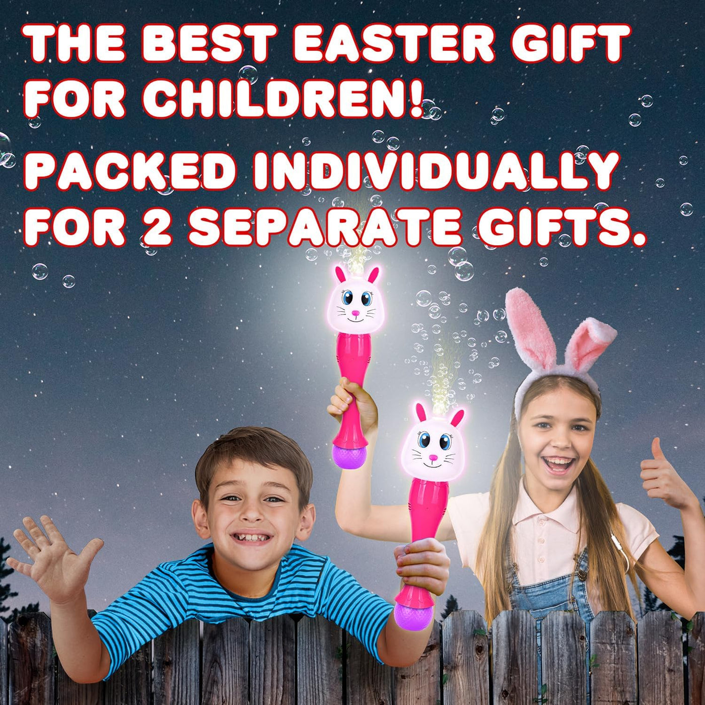 Light Up Bunny Easter Bubble Wands - Set of 2 Bunny Bubble Wands - 14 Inch Illuminating Blower with Thrilling LED & Sound Effect, Bubbles for Kids - Bubble Toys, Easter Basket Stuffers for Toddler