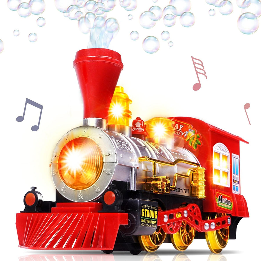 Bubble Blowing Toy Train with Lights and Sounds- Includes 5oz Bubble Solution and Plastic Funnel