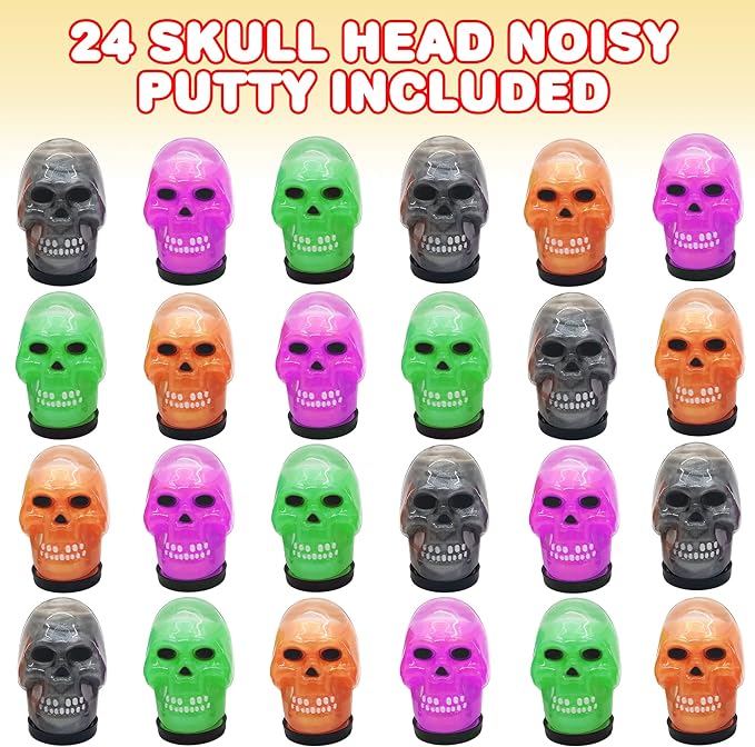 ArtCreativity Skull Head Noisy Putty Halloween Toys, Set of 24, Non-Candy Trick or Treat Supplies for Kids, Great as Halloween Party Favors, Halloween Goodie Bag Fillers, and Prank Toys, 4 Colors